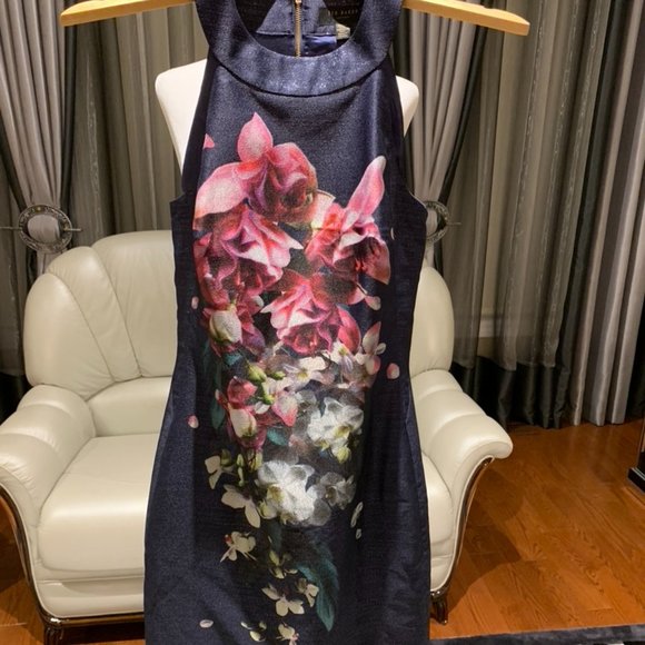 Ted Baker Navy/Floral Halter Mini Dress - Picture 1 of 5
